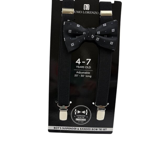 Bow Tie and Suspender Set - Boys 4-7 YRS OLD- NWT - Black W/ Silver Squares - Picture 2 of 7